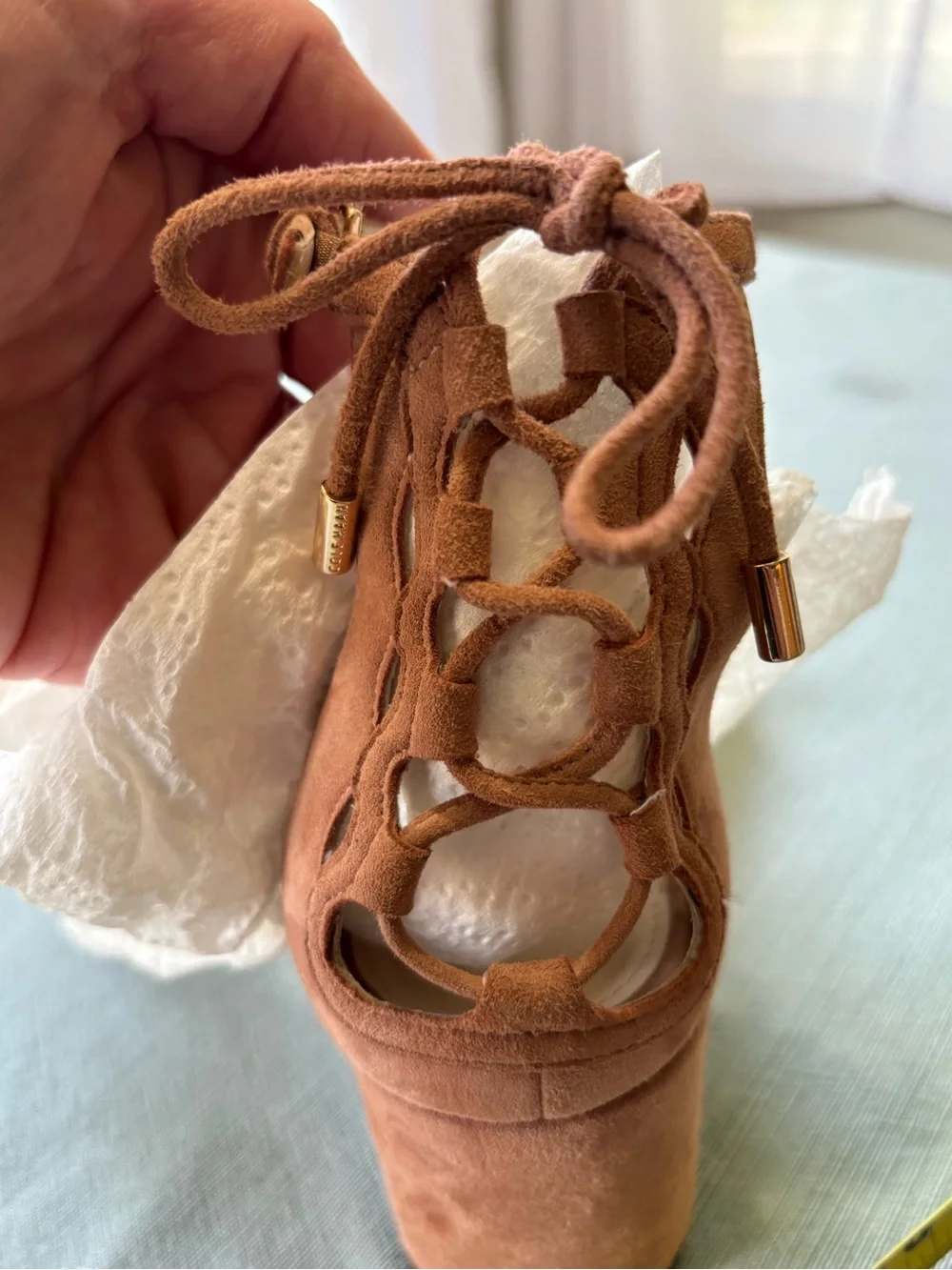 Cole Haan Dusty Rose Suede Lace-Up Block Heel Sandals 8B